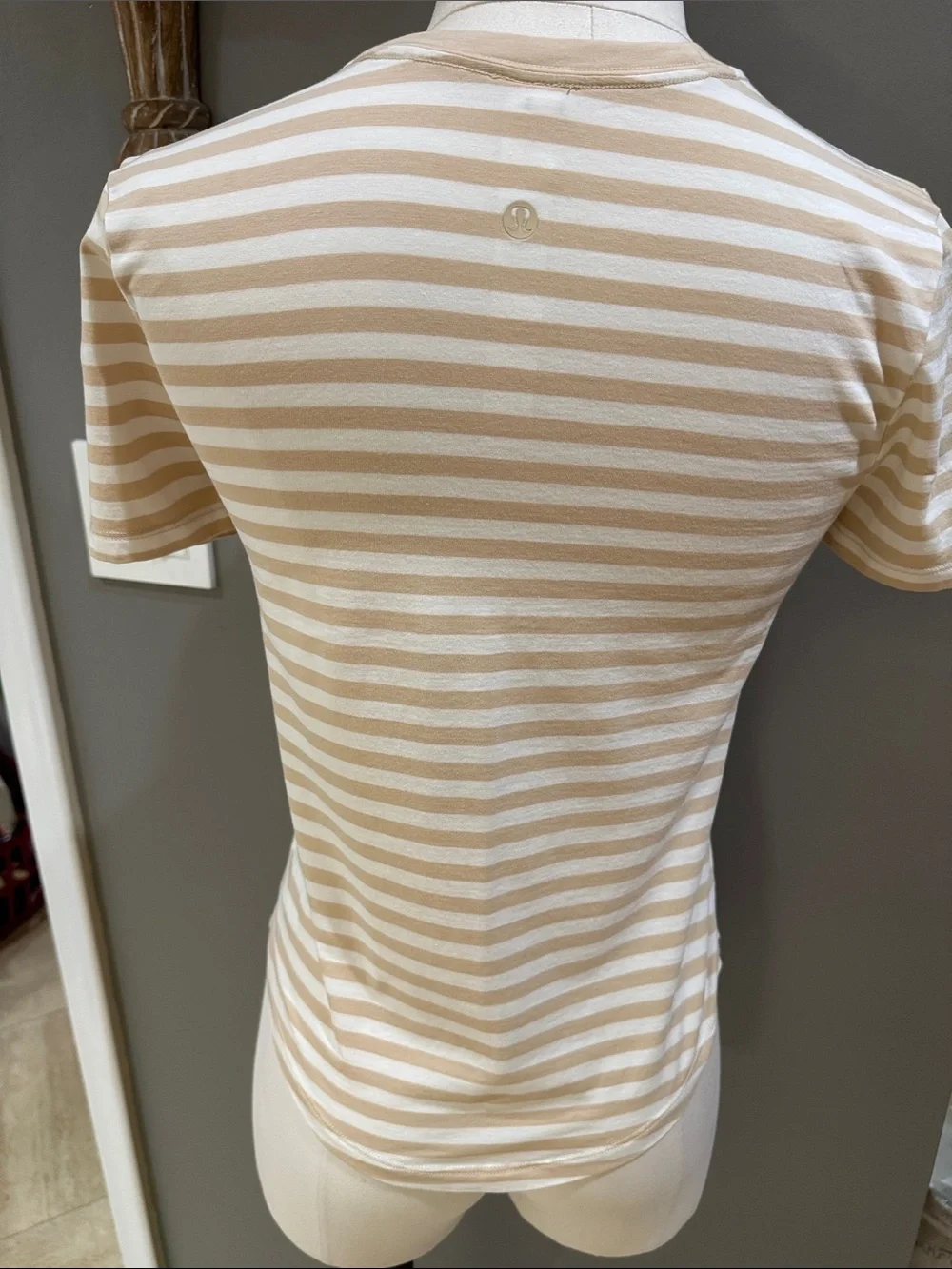 lululemon athletica Beige and White Striped Short Sleeve Crewneck Tee